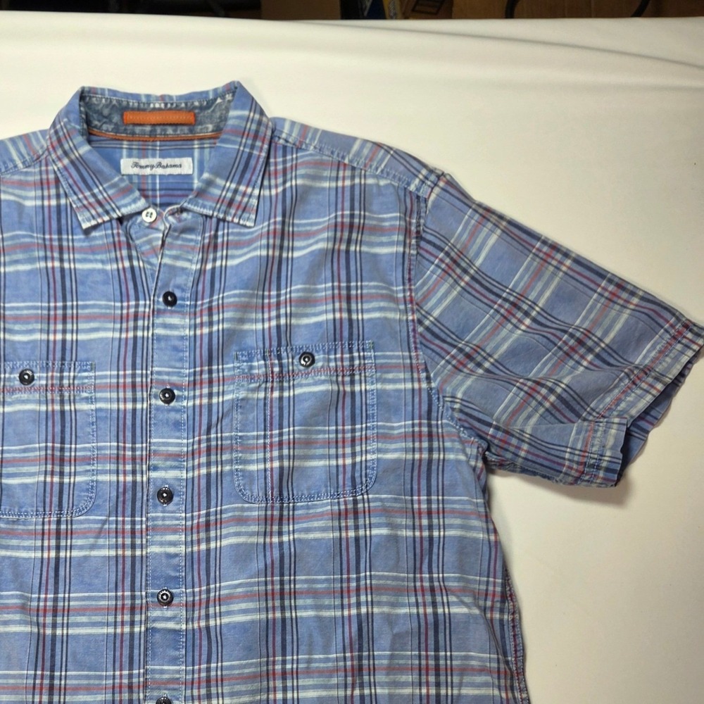 Tommy Bahama Mens Blue Plaid Short‎ Sleeve Button Up Shirt Size M Dual Pockets